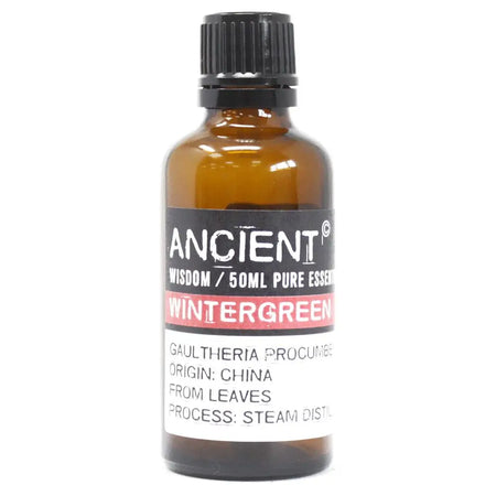 A 50ml amber glass bottle of wintergreen essential oil with a black cap and label showing its origin from china