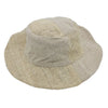 Beige woven sun hat with wide brim made from wired hemp and cotton textured fabric in neutral tone