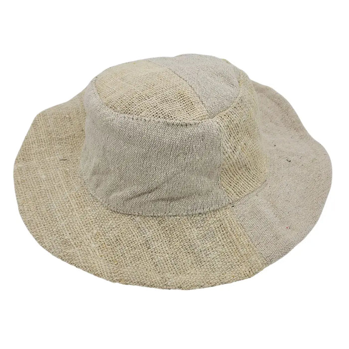 Beige woven sun hat with wide brim made from wired hemp and cotton textured fabric in neutral tone
