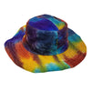 Wired hemp and cotton sun hat with a vibrant tie-dye bucket style in purple blue yellow and orange woven fabric