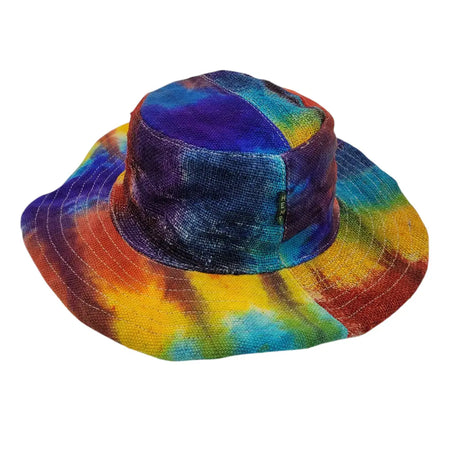 Wired hemp and cotton sun hat with a vibrant tie-dye bucket style in purple blue yellow and orange woven fabric