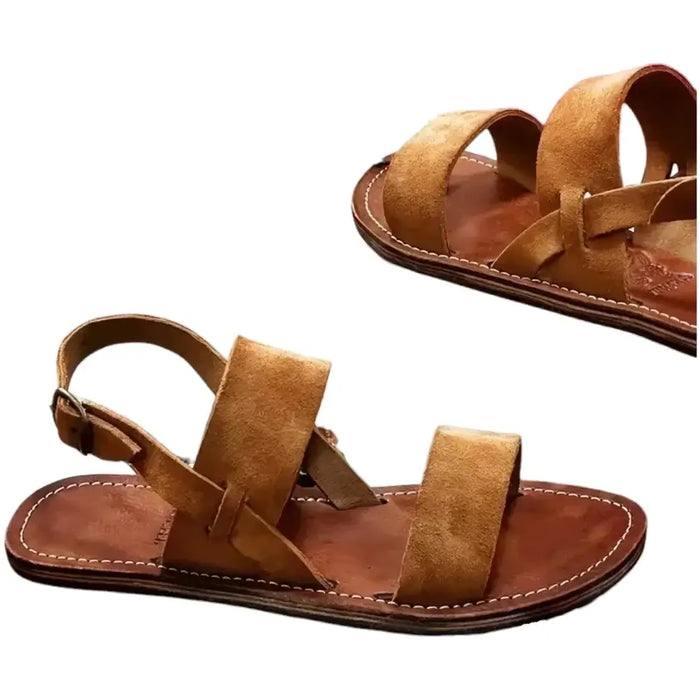 Tan suede leather sandals with double and ankle straps featuring visible stitching along the edges sizes 39-42