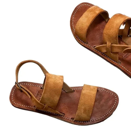 The Window, Milford Haven handmade tan suede leather sandals with double straps and an adjustable ankle strap.