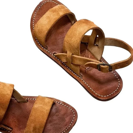 The Window, Milford Haven handmade tan suede leather sandals with double straps and an adjustable ankle buckle.