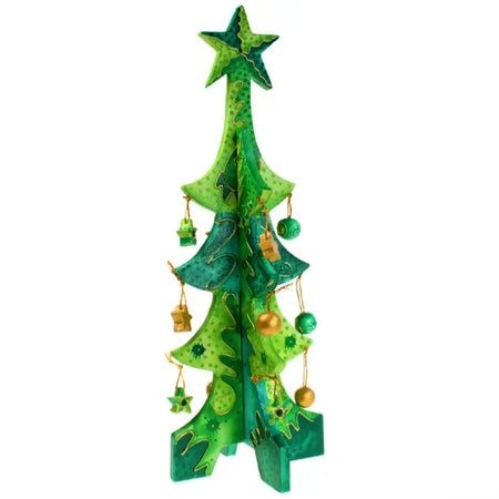 A vibrant green hand-painted wooden christmas tree ornament with a star topper and gold and teal baubles