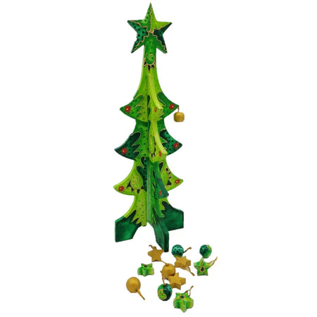 A vibrant green hand-painted wooden christmas tree with star topper and decorative baubles and stars ornaments