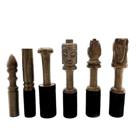 Wooden stick 12cm shaped handle with hand-carved wooden chess pieces featuring buddha, praying hands, and elephant head