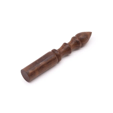 Dark brown wooden stick 12cm with a shaped handle and polished carved spindle design with rounded segments and pointed tip