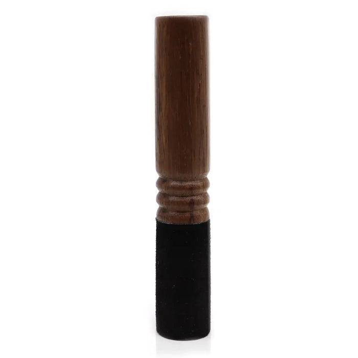 A dark brown wooden stick 13cm long with a black velvet tip and decorative grooved bands classic style