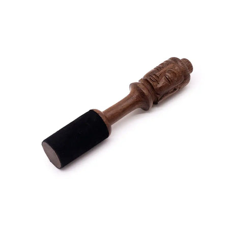 Wooden 14cm wine stopper with carved buddha face design and black velvet tip made of wood and fabric