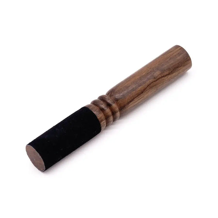 A medium double ring wooden stick 18cm with dark brown wood, black velvet grip, and subtle grooved detailing