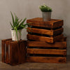Stacked wooden storage crates in brown finish made from albesia wood with visible wood grain texture
