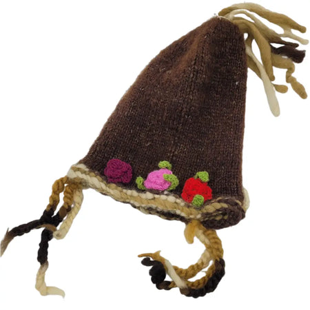 Brown wool hat with colorful embroidered flowers and braided tassels in a cozy knitted design for adults