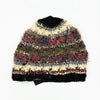 A wool and silk hand-knitted beanie hat with vibrant multicolored stripes and textured crochet details for adults