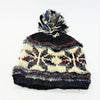 Hand knitted wool and silk bobble hat in cream black and maroon with a multicolored yarn pom pom on top