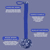 Blue burlap wrapped wooden wormwood massage hammer head with patterned design and rope handle hanging loop