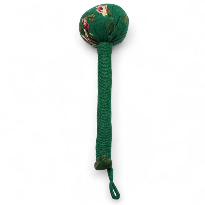 Green floral-patterned fabric wormwood massage hammer with textured rope handle for deep tissue massage