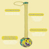 A vibrant yellow and green patterned wormwood massage hammer with a burlap handle and hanging rope for massage use
