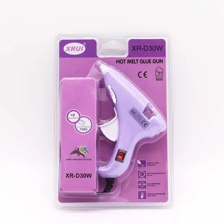 Purple xr-d30w hot glue gun with white handle and trigger packaged with two 7mm high viscosity melt glue sticks