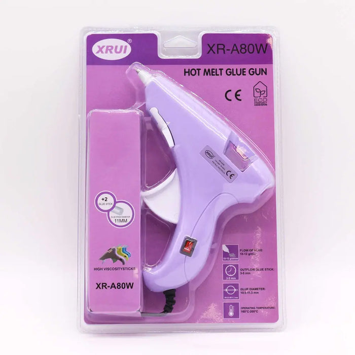 Purple Xrui 80W hot glue gun with two high viscosity melt glue sticks for 11mm glue sticks use