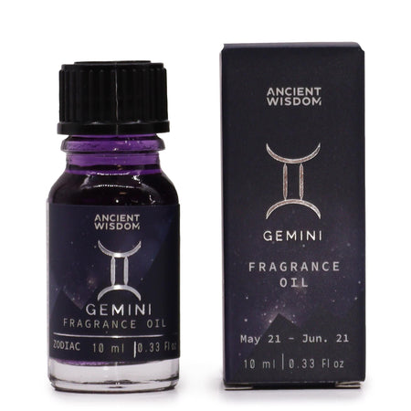The Window, Milford Haven Gemini zodiac fragrance oil in a 10ml bottle with matching dark purple box and star design