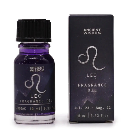 A sleek dark purple glass bottle of zodiac fragrance oil leo with a black cap and silver zodiac leo logo beside a black box
