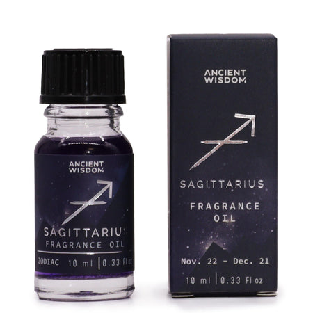The Window, Milford Haven Sagittarius zodiac fragrance oil in a 10ml bottle with dark liquid and silver star glitter.