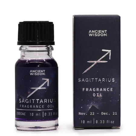 A sleek dark purple zodiac fragrance oil for sagittarius in a clear glass bottle with black ribbed cap and branded packaging