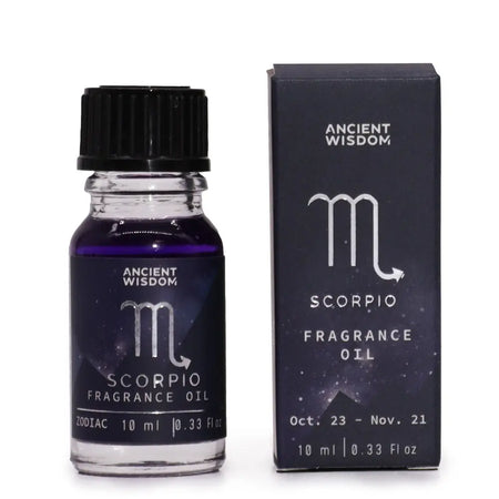 A 10ml glass bottle of zodiac fragrance oil scorpio with dark purple liquid and a black ribbed cap