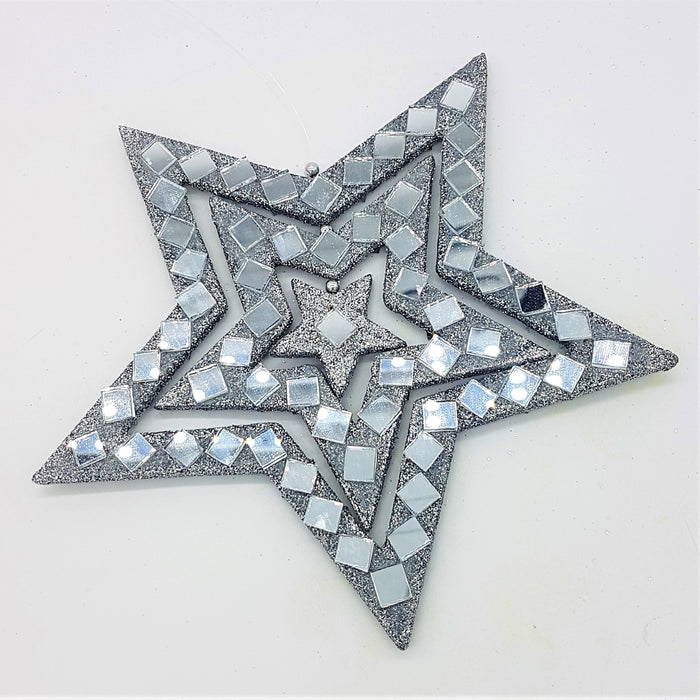Mirrored Glass & Silver Glitter Star Hanging Ornament