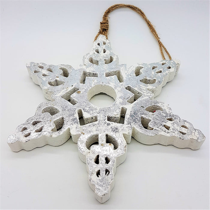 Large Silver on White Wooden Snowflake Hanging Ornament