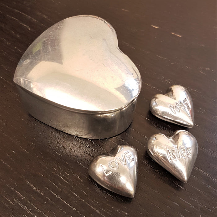 Metal Heart-Shaped Trinket Box with Love-Themed 'Pebbles'