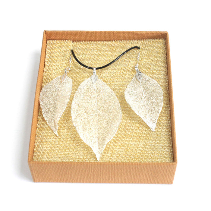 Bravery Leaf Necklace & Earring Set - Silver