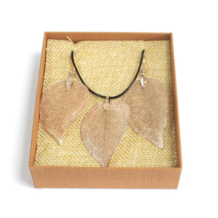 Bravery Leaf Necklace & Earring Set - Pink Gold