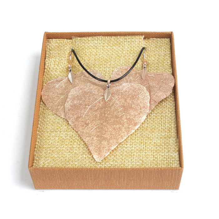 Real Leaf 'HEART' Necklace & Earring Set, Electroplated - Choice of Colours