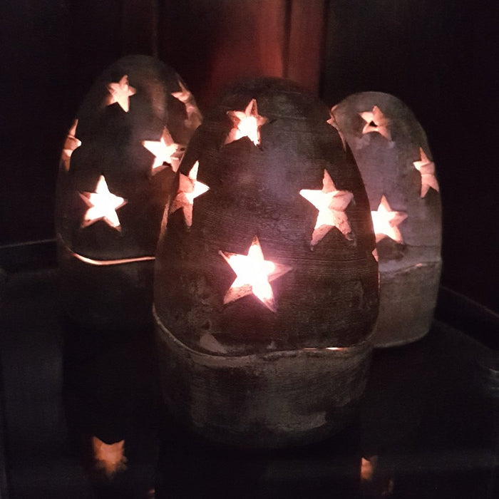 Chocolate Terracotta Egg-Shaped Tealight Holder with Stars