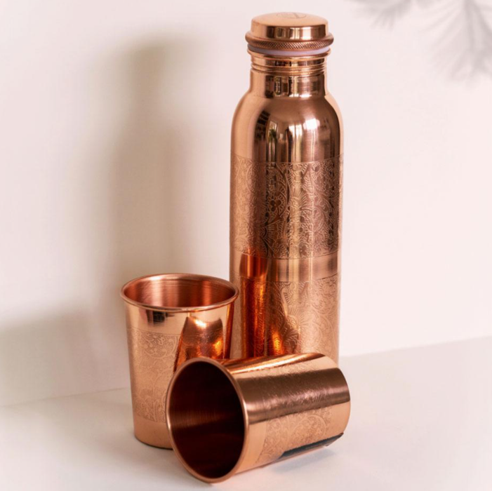 Copper Water Bottle & Cups Gift Set - Engraved Or Hammered