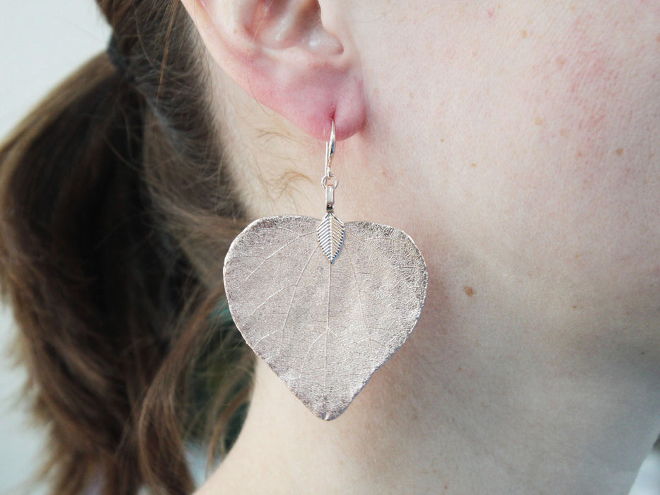 Real Leaf 'HEART' Earrings, Electroplated - Gold-Tone