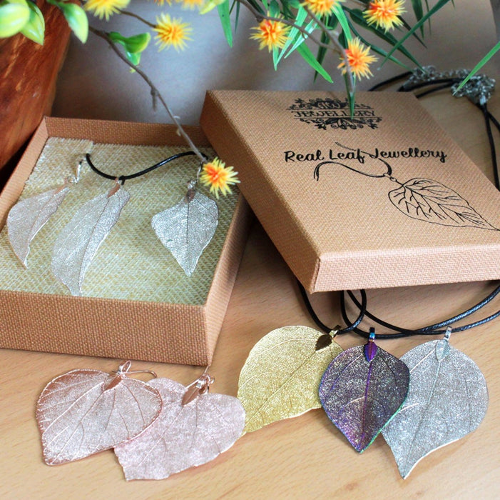 Real Leaf 'HEART' Necklace & Earring Set, Electroplated - Choice of Colours