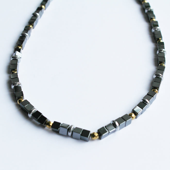 Grey & Gold Finish Hematite Block Beaded Necklace