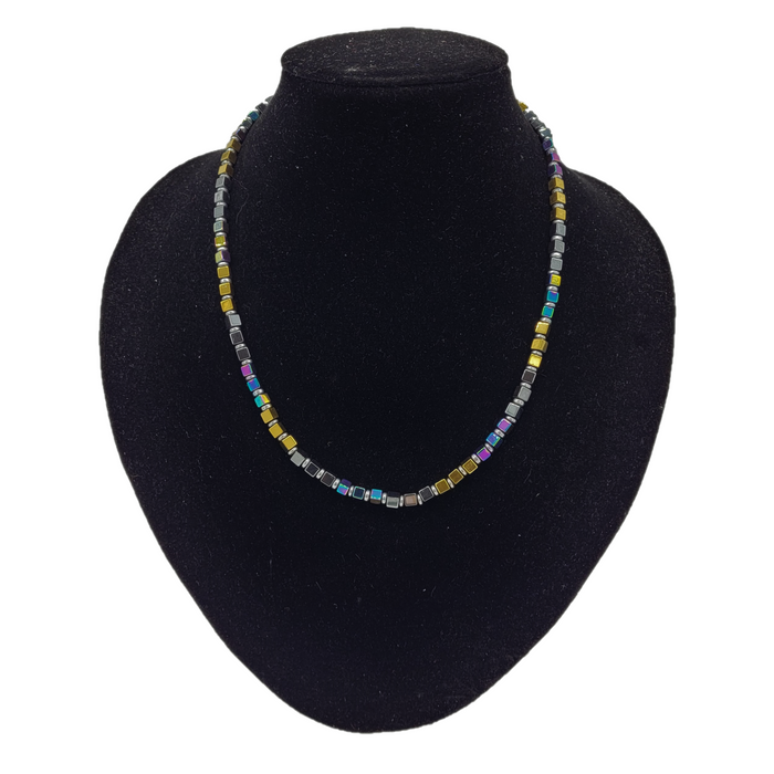 Gold Finish, Grey & Rainbow Hematite Block Beaded Necklace
