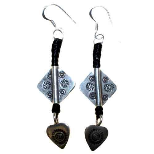 Sterling Silver & Waxed Cord Earrings - Heart
