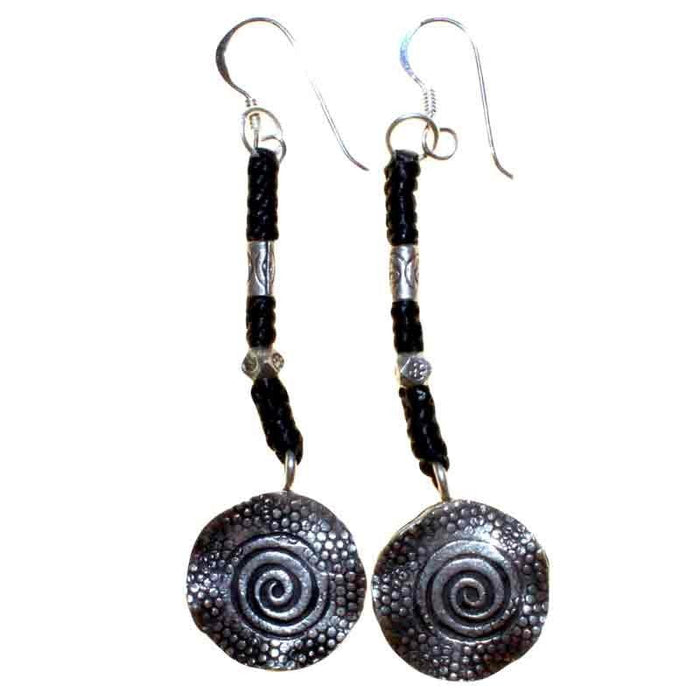 Sterling Silver & Waxed Cord Earrings - Spiral